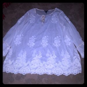 Alfani womens plus boho sheer white floral top 3x